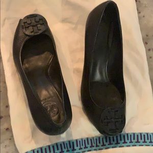 Tory Burch peep toe black wedges